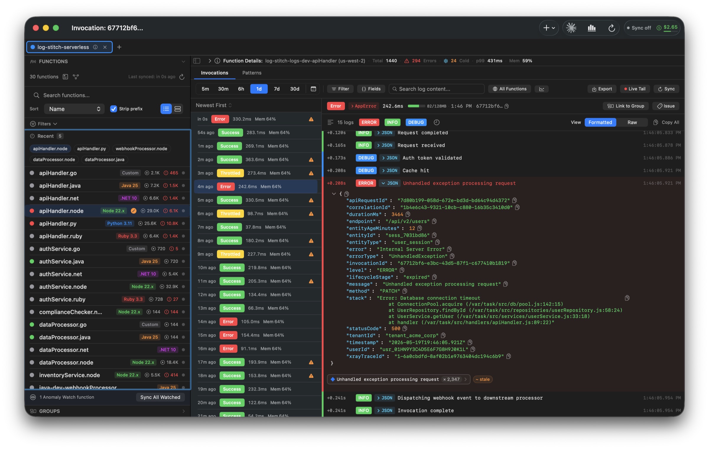 LogStitch macOS app — single AWS Lambda invocation with stitched CloudWatch log lines, parsed JSON tree, and function navigator